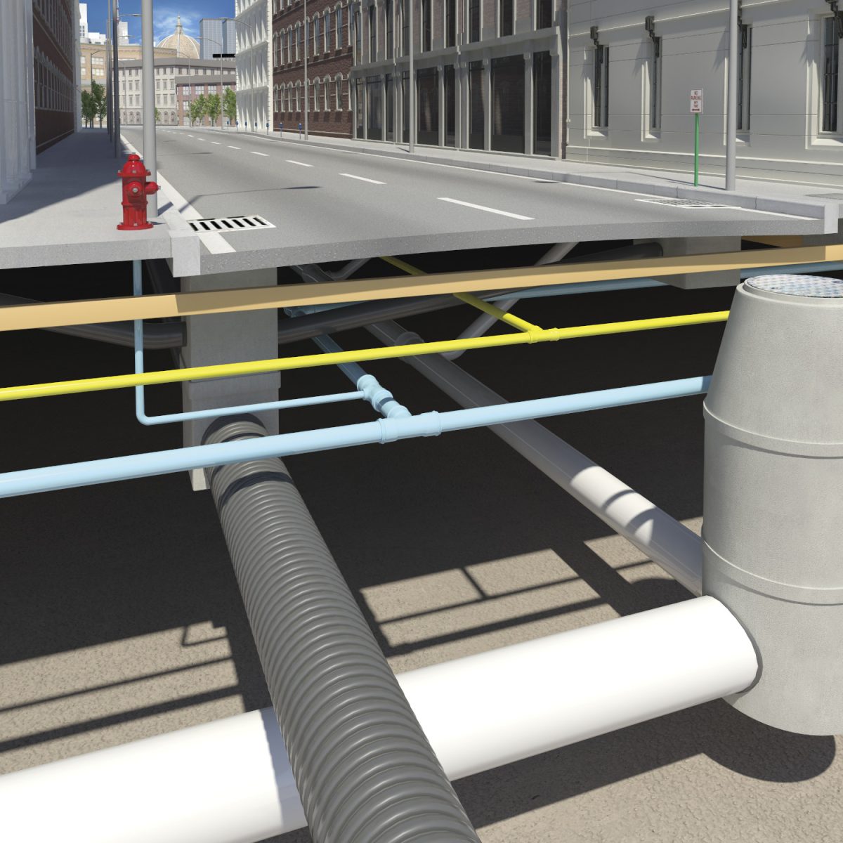 Cross-section view showing underground pipes. Image is original artwork created by Autodesk 3D artists, graphics designers, and model makers. Image is designed for the sole use of Autodesk and Autodesk.